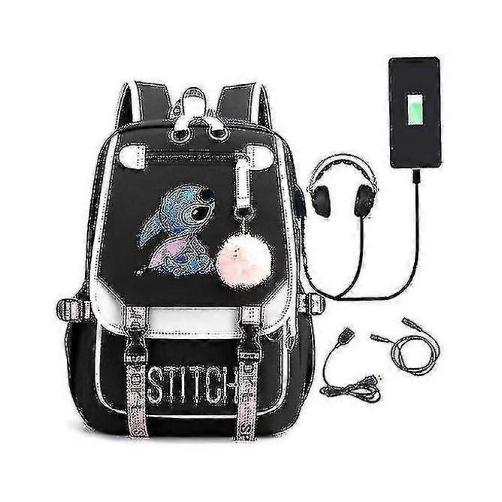 (BLACK) Stitch Usb Rechargeable Schoolbag Student Backpack