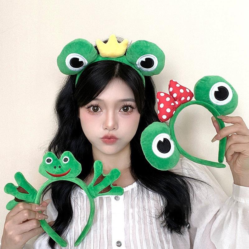 Мультяшные большие глаза лягушки, плюшевые обручи для волос с бантом для женщин, сладкий макияж, повязка для волос, повязка на голову, аксессуары для волос для девочек, корейские головные уборы