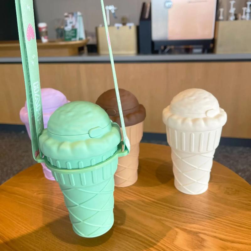 500ml Drink Bottle with Straw Ice Cream Shape Drinking Water Bottle Leakproof with Adjustable Strap Cute Water Bottles for Girls