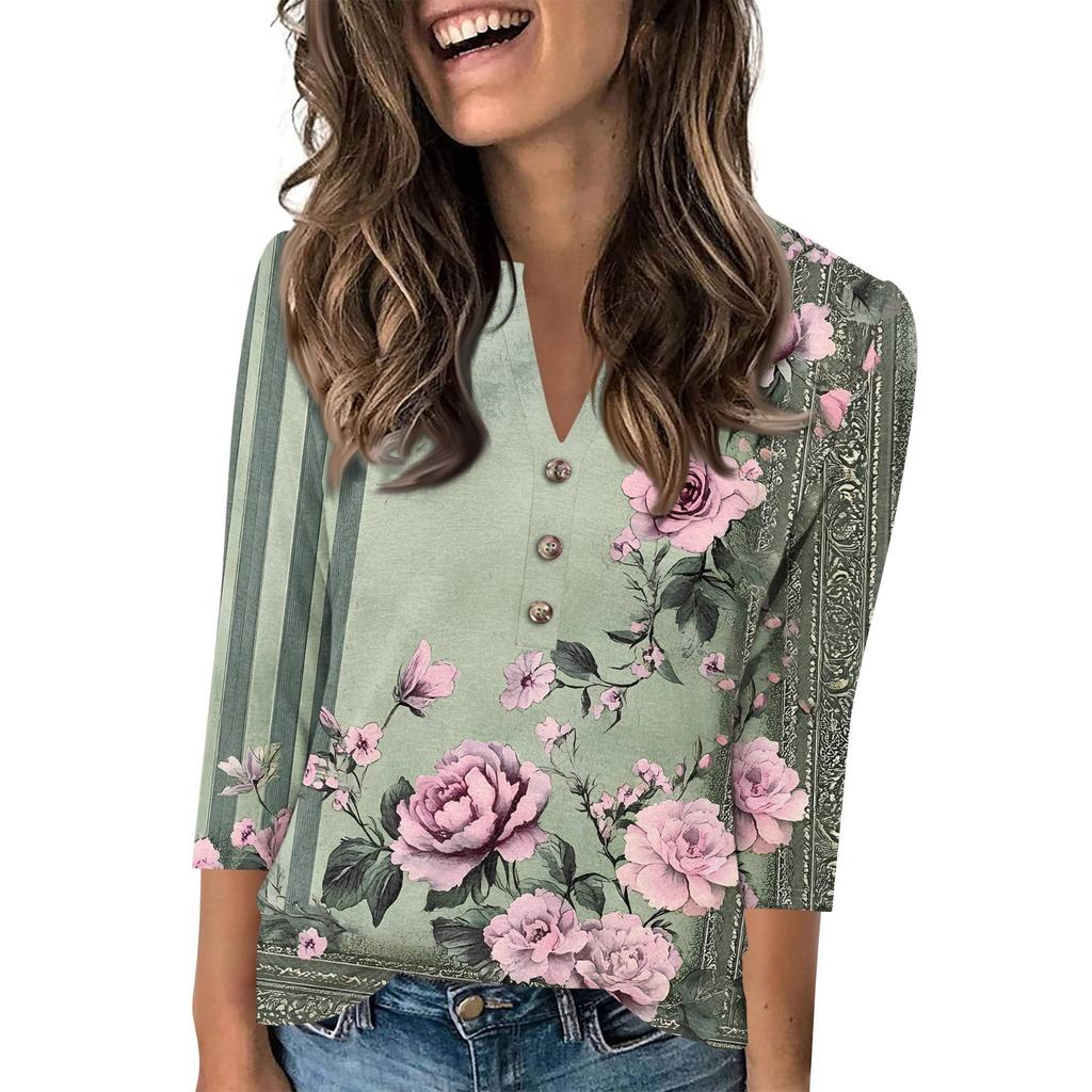 Женский модный повседневный пуловер с рукавом 3/4, принтом на пуговицах и V-образным вырезом