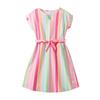 Girls' Fashion Dress 2025 Summer Children's Colorful Striped Printed Short-sleeved Dress