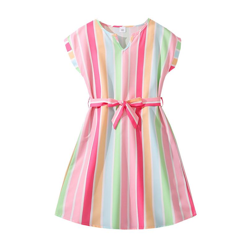 Girls' Fashion Dress 2025 Summer Children's Colorful Striped Printed Short-sleeved Dress
