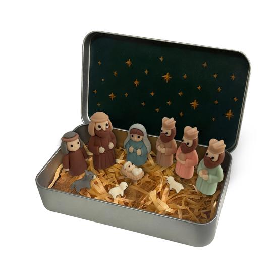 1/2/3Pcs Mini Nativity Scene Set In Tin Box Handcrafted Pocket Size Nativity Scene Tin Resin Birth of Jesus Ornament Christmas Decoration