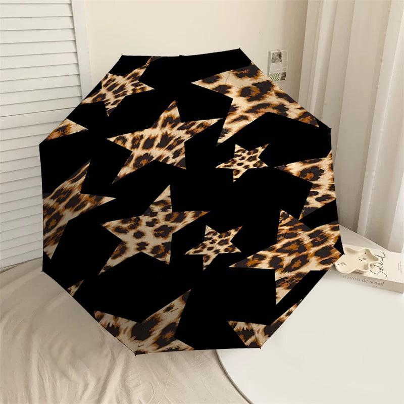 1PC Leopard Print Stars Umbrella-8-Rib Reinforced, Automatic Open, Lightweight & Durable, Cute Fashion Accessory for Outdoor, Beach or Casual Use, Bea