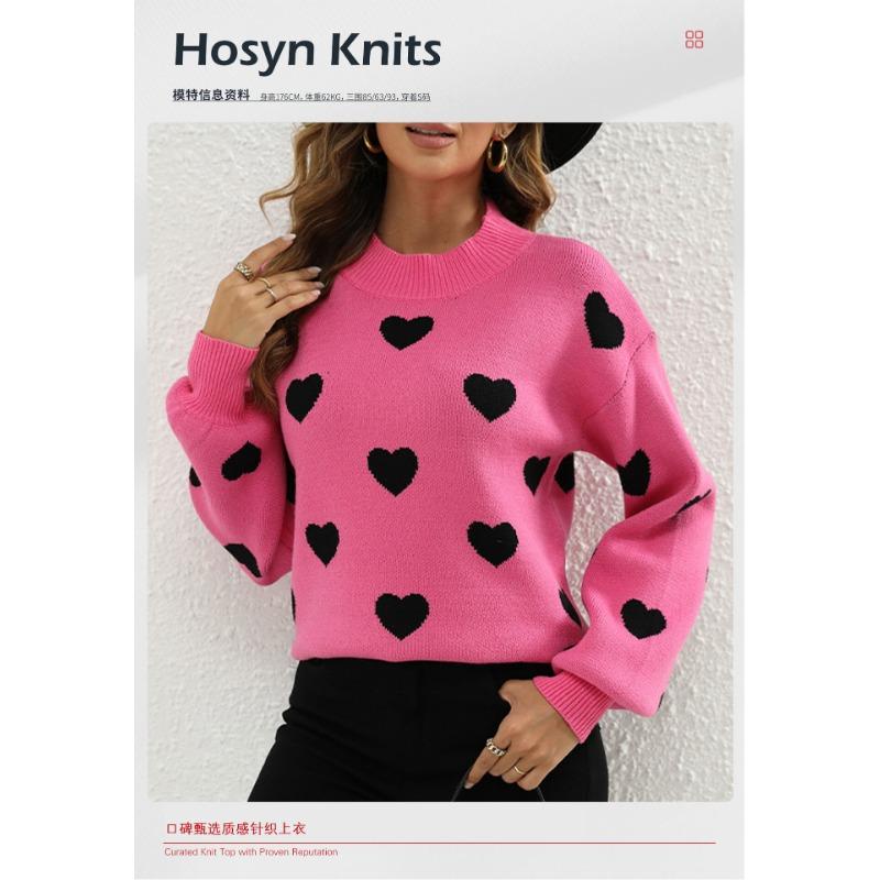 Women S Western Style Pullover Crew Neck Long Sleeve Knit Sweater With Heart Print