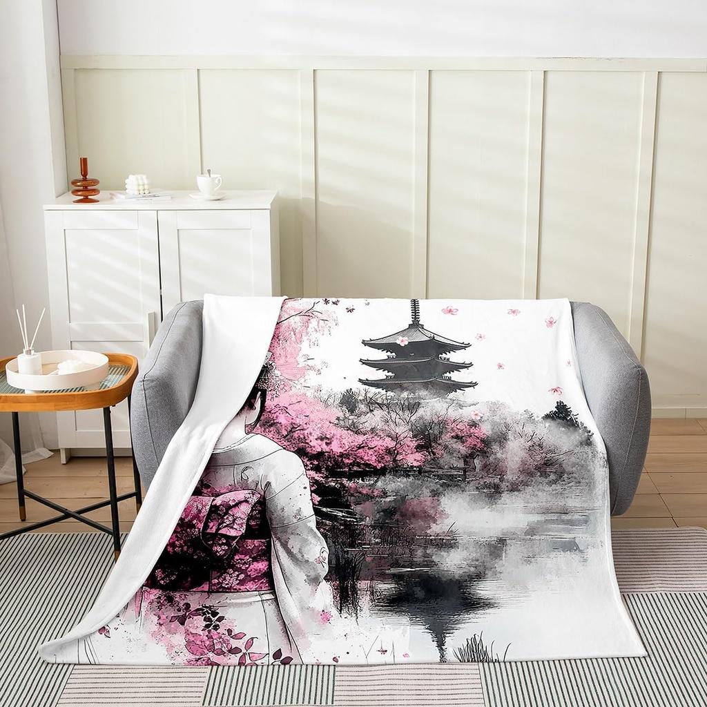Feelyou Koi Fish Fleece Throw Blanket x Japanese Wave Cherry Blossoms Ocean Plaid Flannel Plush Fuzzy for Bed Couch Chair Living