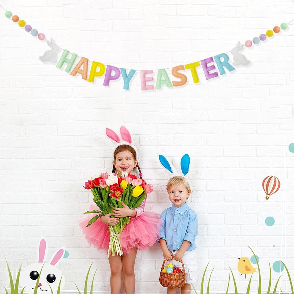 Easter Decorations Pre-Strung Felt Pastel Happy Easter Sign Bunny Banner Wool Felt Ball Garland for Happy Easter Spring Nursery Classroom Home Wall