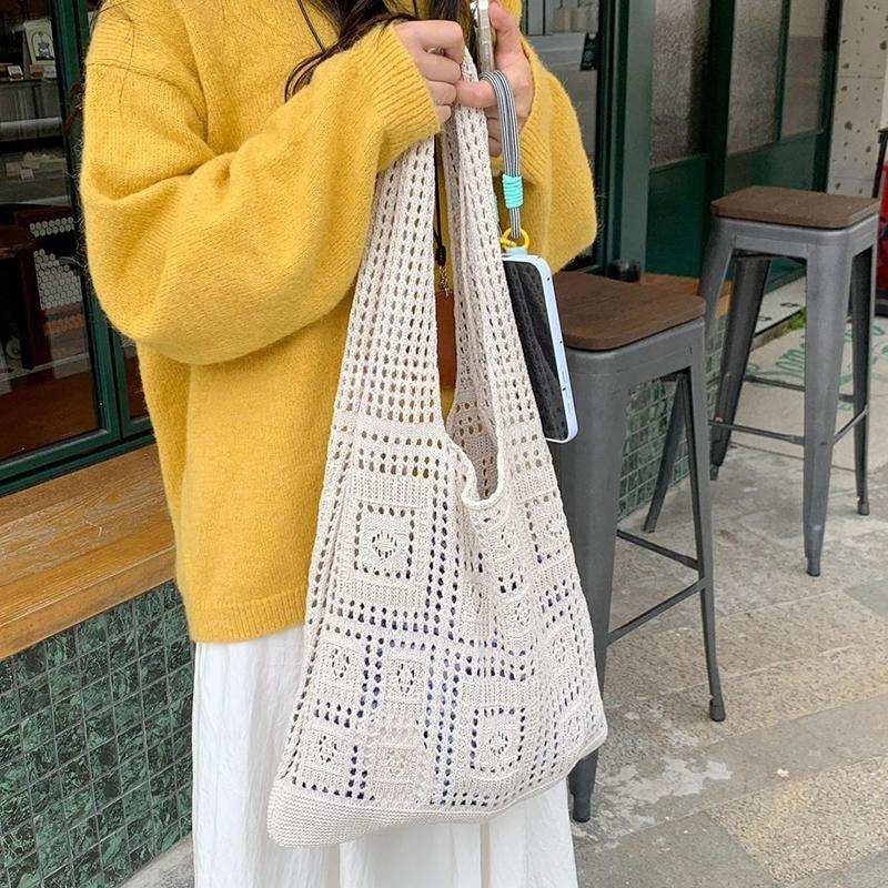 Simple Crochet Tote Bags Fashion Hollow Knitted Women's Bags Casual Female Shoulder Bags Ladies Shopping Top-Handle