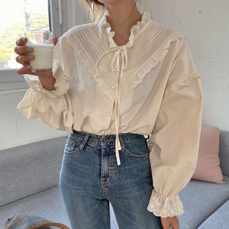 2023 Vintage Casual Elegant Tops Women Hollow Out Women Shirts Solid Long Sleeve Korean Style Bow Loose Blouses Blusas 9580