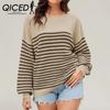 Autumn Winter O-Neck Striped Loose Large-size Sweater for Women