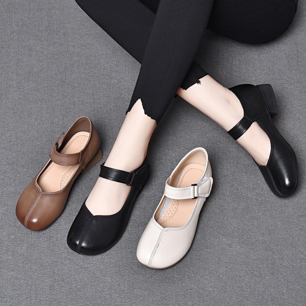 Loafers Women's 2025 Spring New Low-heeled One-word Mary Jane Shoes First-layer Cowhide Korean Version Shallow-mouth Flats