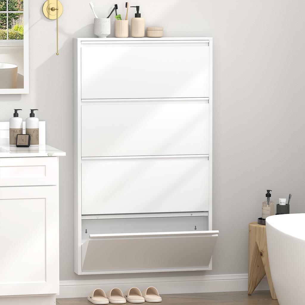 Metal Shoe Cabinet with 4 Flip Drawers, Wall Mounted Shoe Organizer, Narrow Slim Hidden Shoe Rack Storage for Entryway, White