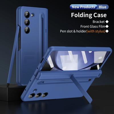 Чехол Skin Feel Matte для Samsung Galaxy Z Fold 6 5 4 3 с закаленной пленкой, слотом для ручки, конденсатором, складной шарнирной крышкой-кронштейном