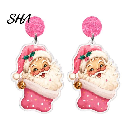 Sweet Style Christmas Ornaments 1 Pair Glitter Earrings for Women, Cute Pink Santa Claus Unique Party Acrylic Dangle Earrings, Lightweight Holiday
