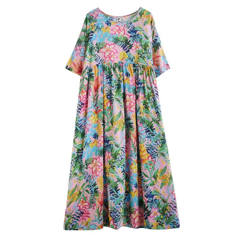 Новые платья из хлопка с короткими рукавами больших размеров и цветочным принтом для женщин, повседневные свободные длинные летние платья