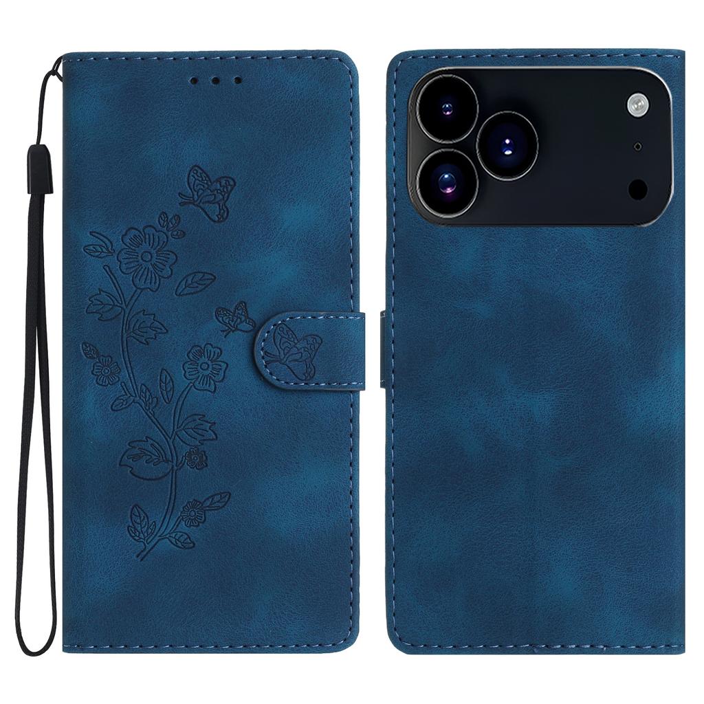 For iPhone 17 Pro Max Case Leather Imprinted Flower Phone Cover Wallet with Wrist Strap