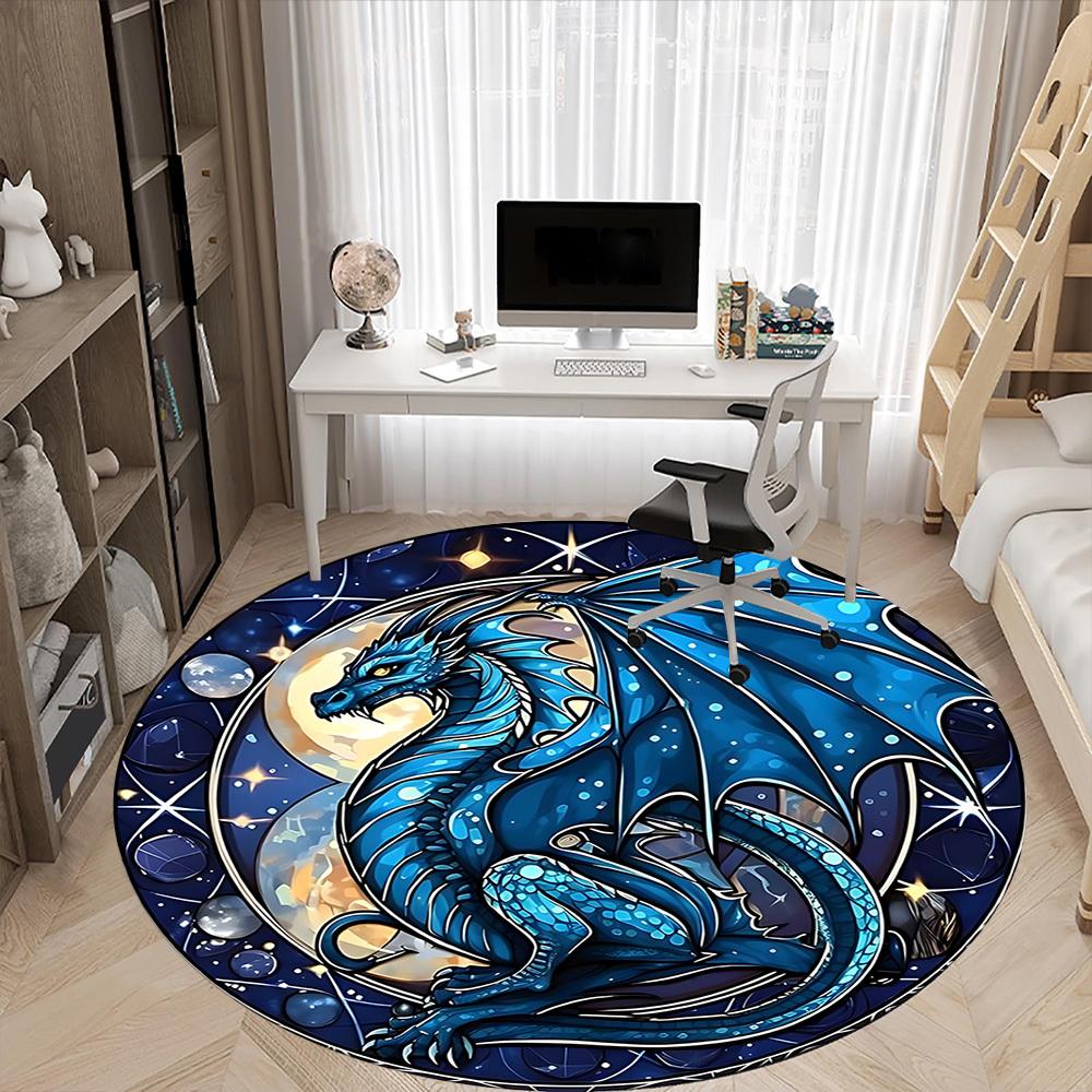 1PC Stained Glass Dragon Office Round Area Rug, Indoor Mat Suitable For Office, Under Office Chairs Bedroom Living Room Home Decor, Room Deco