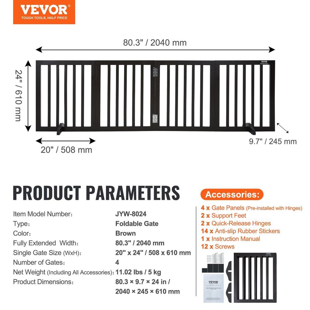 Free Standing Dog Gate, 24" H x 80.3" W Freestanding Pet Gate, 4 Panels Foldable Dog Gate for Wide and Narrow Passageways, Expandable Dog Barrier with
