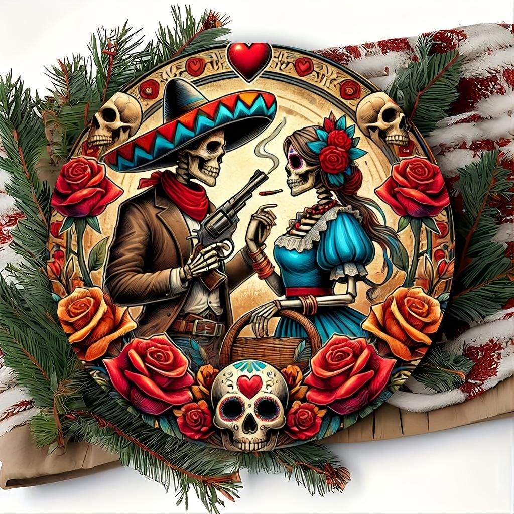 pc Mexican Day of the Dead and Halloween Art Vintage Style Aluminum Round Decorative Plaque Full of Life Skull Head
