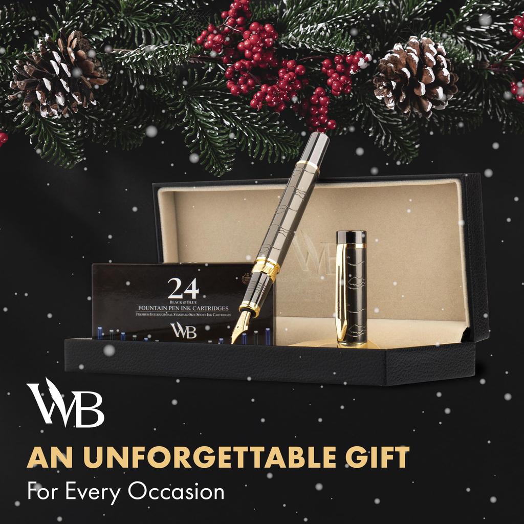 Wordsworth Black Primoli Fountain Pen Set with Extra Fine Gift 24 Ink Refill and Perfect for and Smooth and & [Gunmetal Gold] Nib, Case, Cartridges,