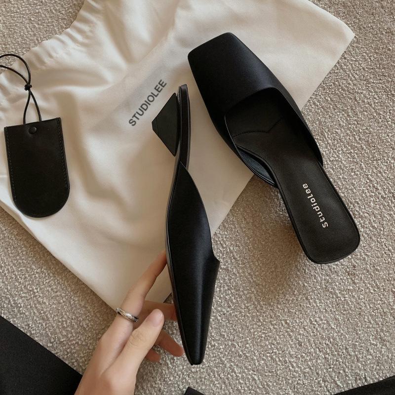 Туфли Квадратный Носок Светлый Вырез Шелковый Сатин Треугольный Каблук Крутые Шлепанцы Женские