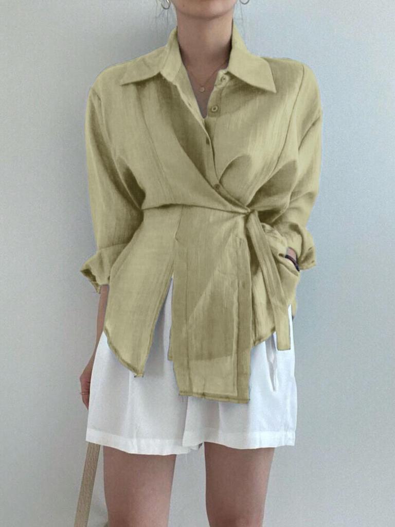 Свободная блузка с длинным рукавом, женская одежда, нерегулярная белая солнцезащитная рубашка, женские модные повседневные рубашки на пуговицах 2023, топы 15674