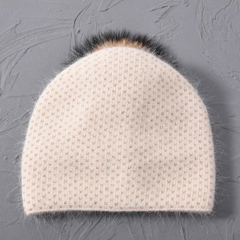 Hat Pompom Of Raccoon Women Winter Beanie Angora Knit Double Layers Warm Accessory For Autumn Cold Weather Sports Skiing Outdoor