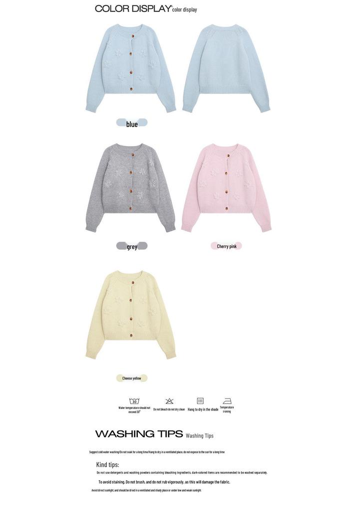 Women's Loose Korean Style Long Sleeve Knit Cardigan with 3D Blue Flower - Early Spring 2026 Collection