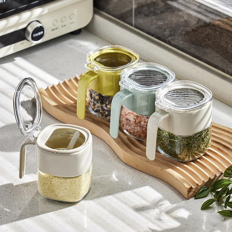 Self-designed Light Luxury Press Type Glass Seasoning Jar Shake Tone Kitchen Salt MSG Flap Seasoning Box with Spoon(light green [simple version 300ML