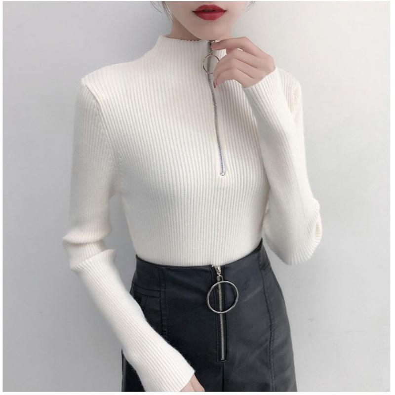 Autumn and Winter Half High Collar Zipper Knitted Sweater Women Fashion Long Sleeve Warm Base Women Sweaters Tops Solid Slim Pullover Knitwears 24966