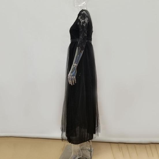 Women Prom Party Dress Round Neck Lace Flower Embroidery Half Sleeve Tight Waist Patchwork Floor Length Pleated Lady Fall Winter Maxi Evening Dress