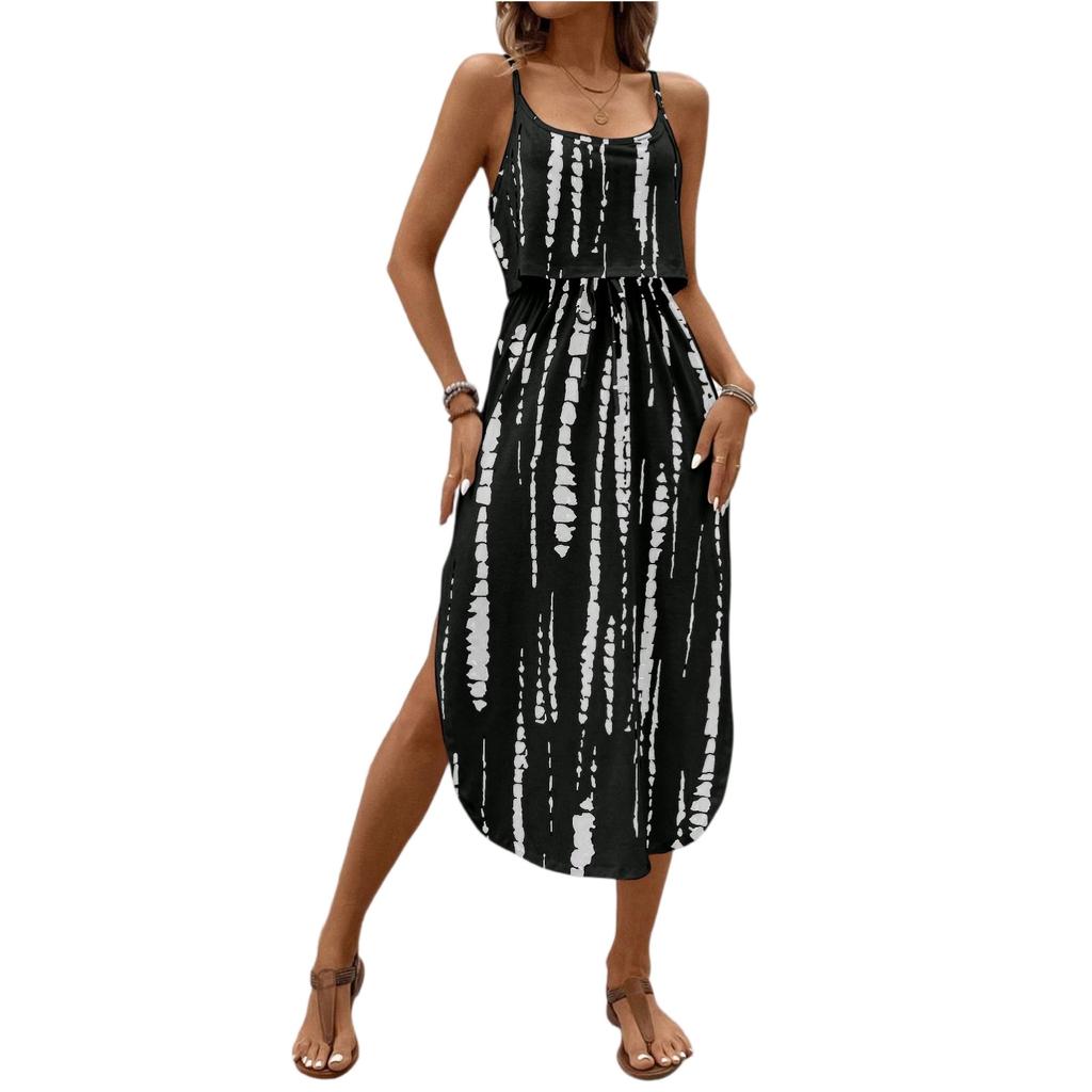 Women's Fashionable Retro Printed Camisole Waist Cinching Casual Dress