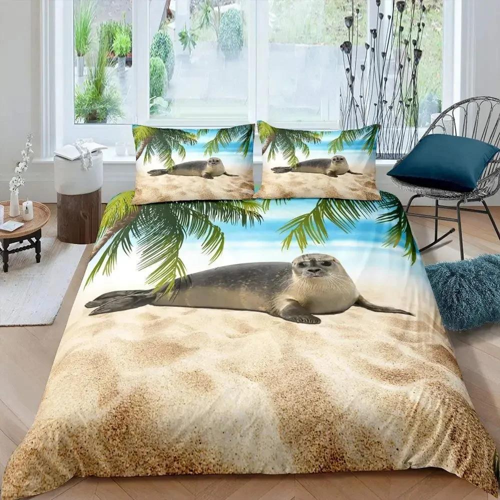 Пододеяльник с изображением тюленя размера King, милый комплект постельного белья с изображением тюленя, милый экзотический стиль океана, 2/3 шт., полиэстеровое одеяло с изображением морской жизни