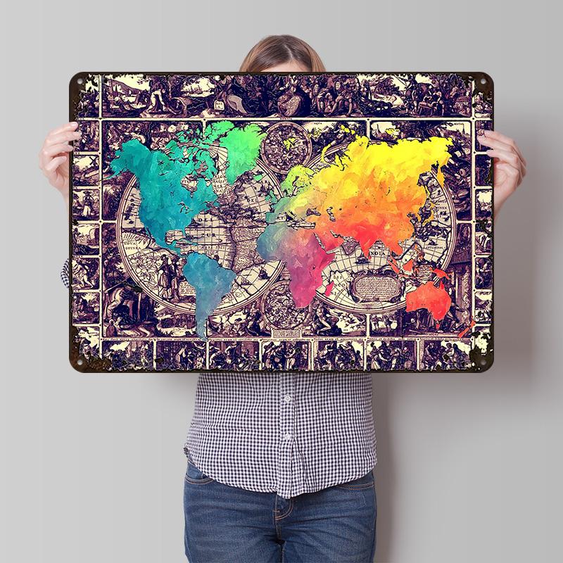 World Map Metal Poster Custom Wall Art Retro Vintage Tinplate Signs for Man Cave Modern Home Decoration Luxury House Desk Decor