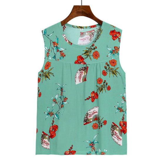 2 Pcs/Set Women Vest Pants Set Flower Print Round Neck Sleeveless Loose Pleated Elastic Waist Wide Leg Casual Homewear Mid-aged Mother Pajamas Set