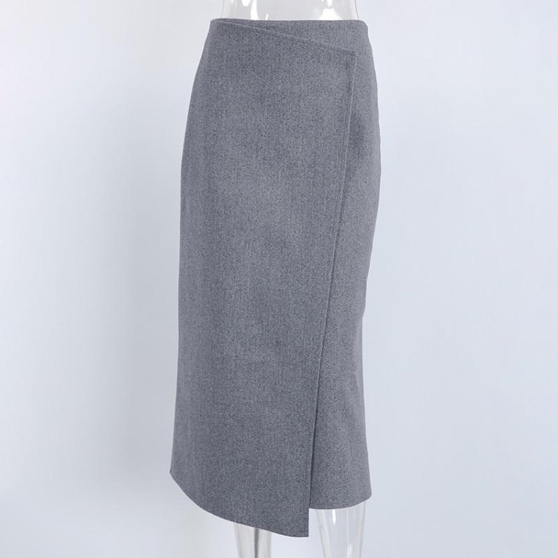 Gray Wool Blend Midi Skirt Women 2026 Fall French Style Wrap
