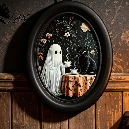 Ghost Oil Painting Print Halloween Wall Art, Cute Table Sign, Vintage Oval Framed Decor Picture, Decorative Art for Mantel Living Room Bedroom
