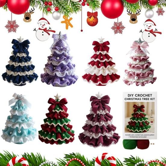 Handmade Crochet Christmas Tree DIY Xmas Tree Crochet Craft Starter Set with Bow And Faux Pearl for Beginners Knitting Holiday Decoration
