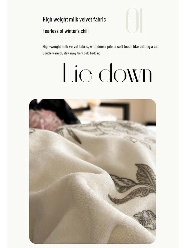 G5Z Постельное белье из молочного велюра и кружева: Утолщенный четырехсекционный комплект из фланели и кораллового флиса, двусторонний, с пододеяльником.