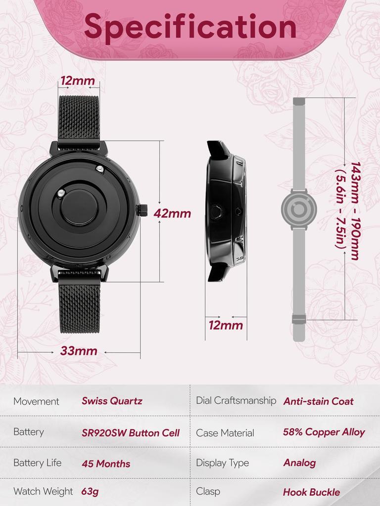 Магнитные часы кварцевые часы минимализм повседневные аналоговые стильные водонепроницаемые 36 мм черный циферблат черный ремешок из нержавеющей стали сетчатый ремень [EUTOUR] женские