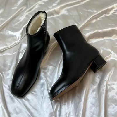 Зимние снежные сапоги женские цельные квадратные утолщенные короткие сапоги из овечьего меха модные ботильоны на среднем каблуке осень 2024 г.