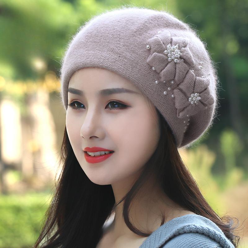 Осенне-зимние шапки Универсальные с бархатным теплом Шапки из кроличьей шерсти Женские вязаные шапки Береты с жемчугом