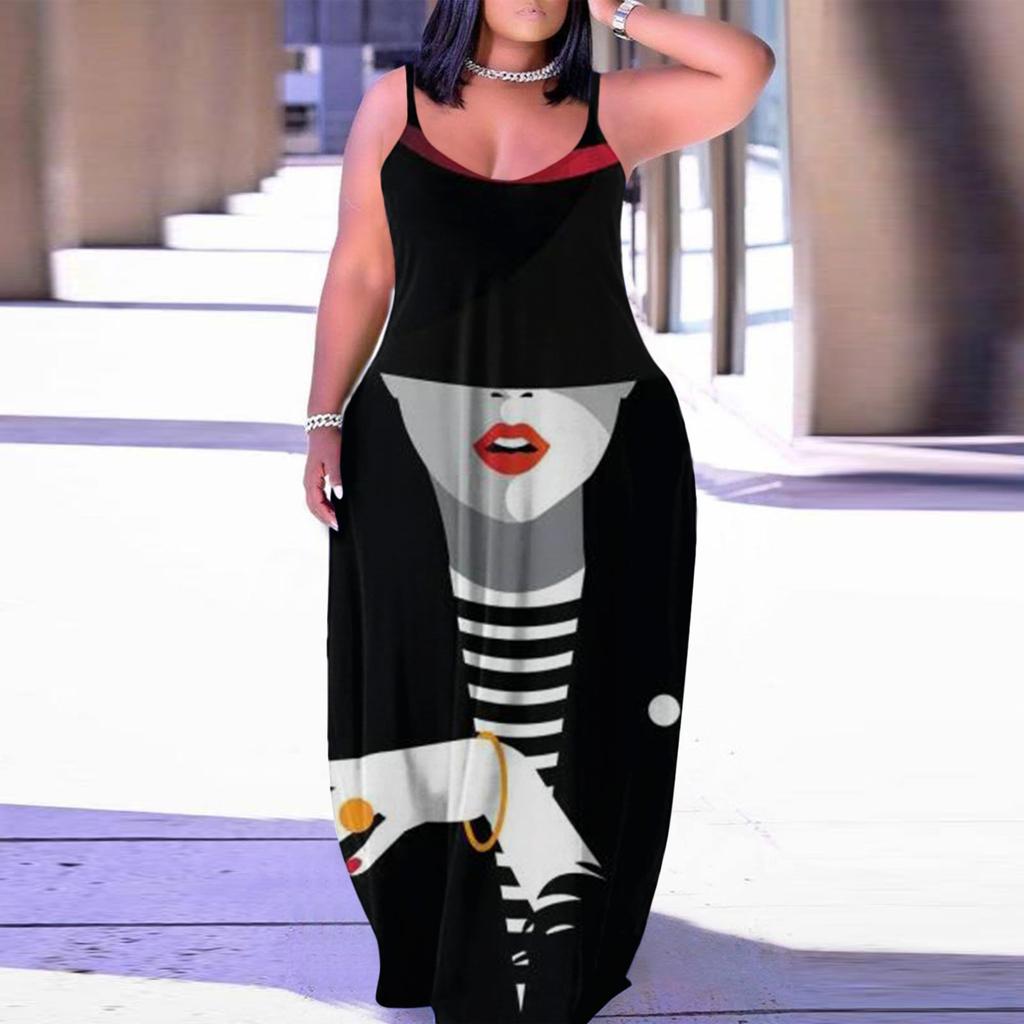 Женские модные летние солнцезащитные платья Длинные спагетти с регулируемым ремешком без рукавов с цветочным принтом Повседневное длинное платье макси для женщин с карманами