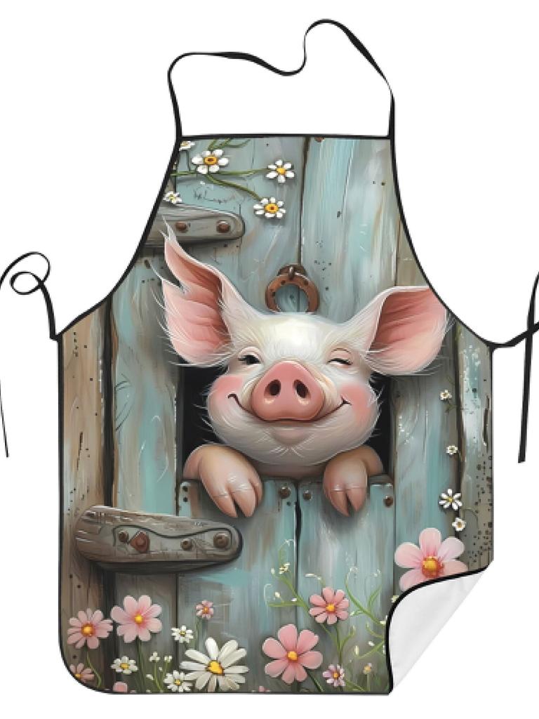 Pig Peeking Door Flower Apron Whimsical Farm Art Kitchen Cooking Baking Gift For Kids Nature Lover Chef Wear Cute Design