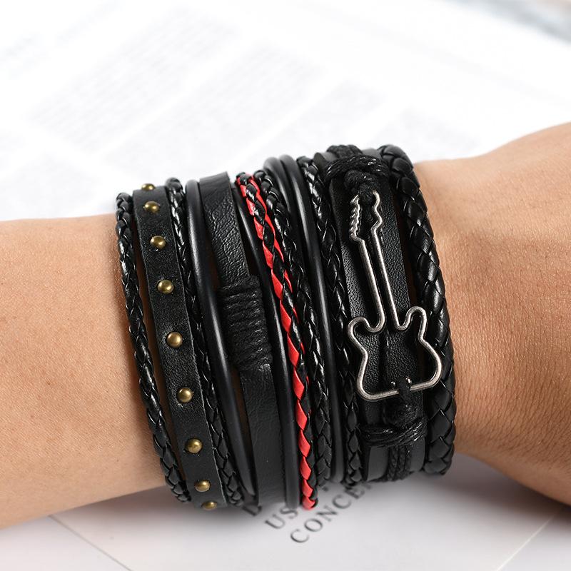 Vinatge Gothic Punk Skull Star Metal Multilayer Leather Bracelet Men Bracelets & Bangles Male Arm Jewelry