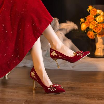 Женские туфли на тонком каблуке, одинарные, с острым носком, замшевые, с мелкой вышивкой, противоскользящие и износостойкие, туфли на высоком каблуке, свадебные туфли