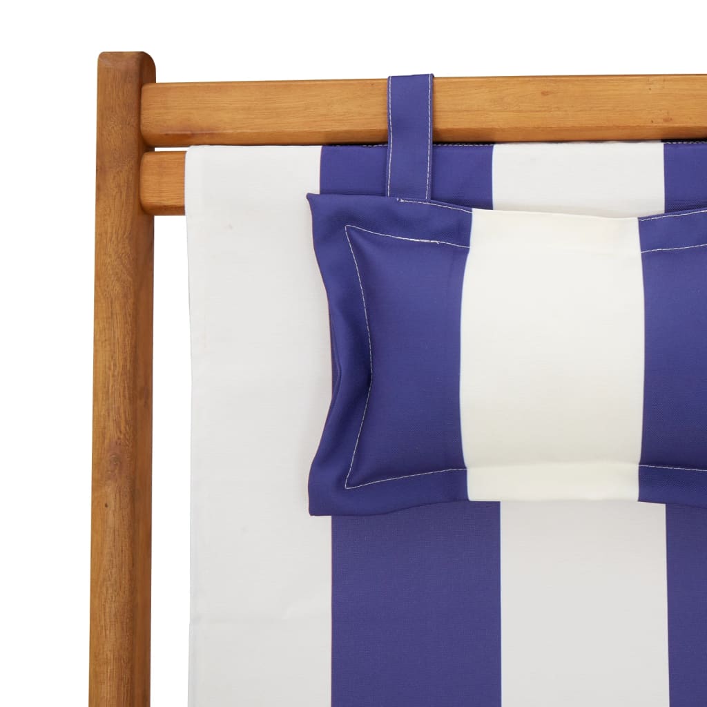 Folding Beach Chair Blue & White Solid Eucalyptus Wood and Fabric