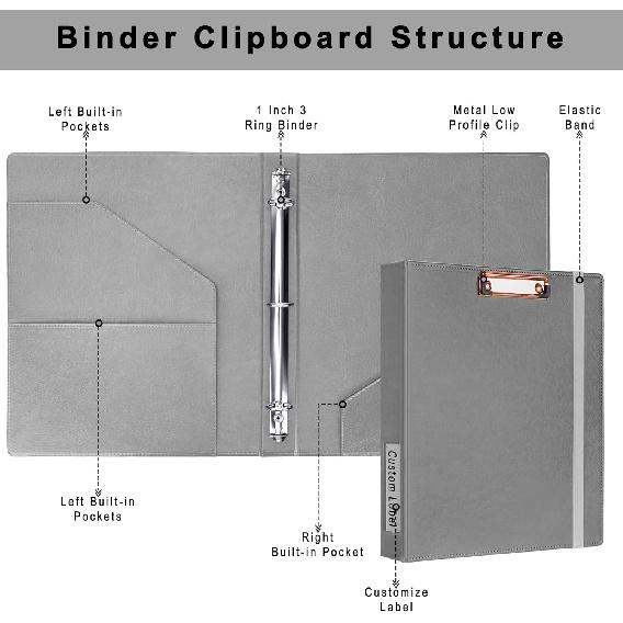 Antner PU Leather 3 Ring Binder with Clipboard, 1 Inch Clipboard Binder Organizer for Letter Size Paper, 5 Divider Folders with 10 Pockets, Hardcover
