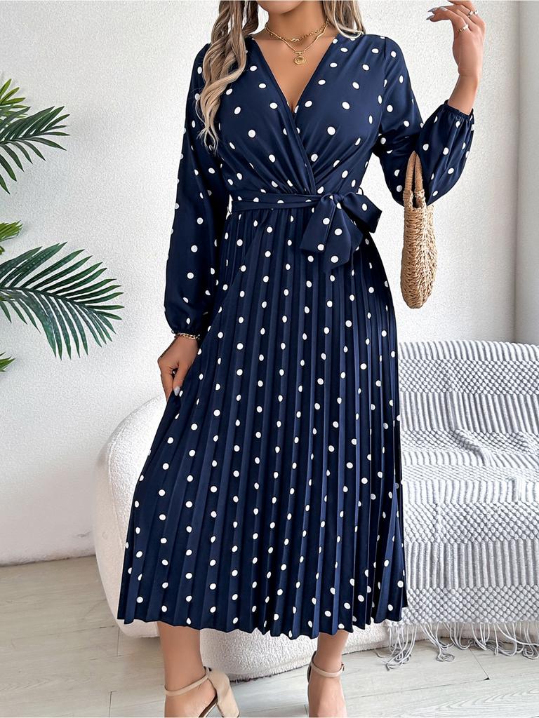 V Neck Printed Overlapping Dress Waist Hugging  Elegant Pleats Wave Point Dress for Women Long Sleeve Loose Dresses Causal Dress