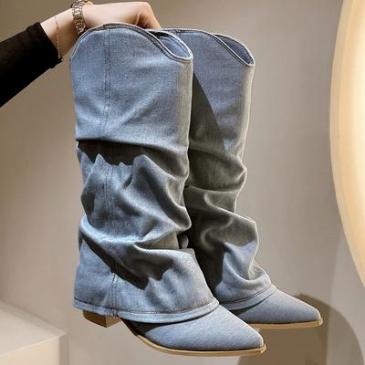 Ковбойские женские высокие сапоги на среднем каблуке, высокие сапоги челси до колена, остроносые массивные модные туфли, зимнее трендовое платье 2024 года, женские сапоги